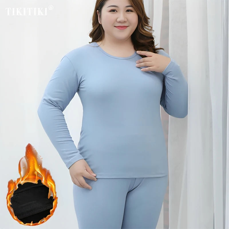 XL-6XL Plus Size Thermal Set Curvy Women Long Johns Set Solid Warm Thermal Underwear Thermal Long Sleeve Pants Pajamas Set Winter Home Clothes