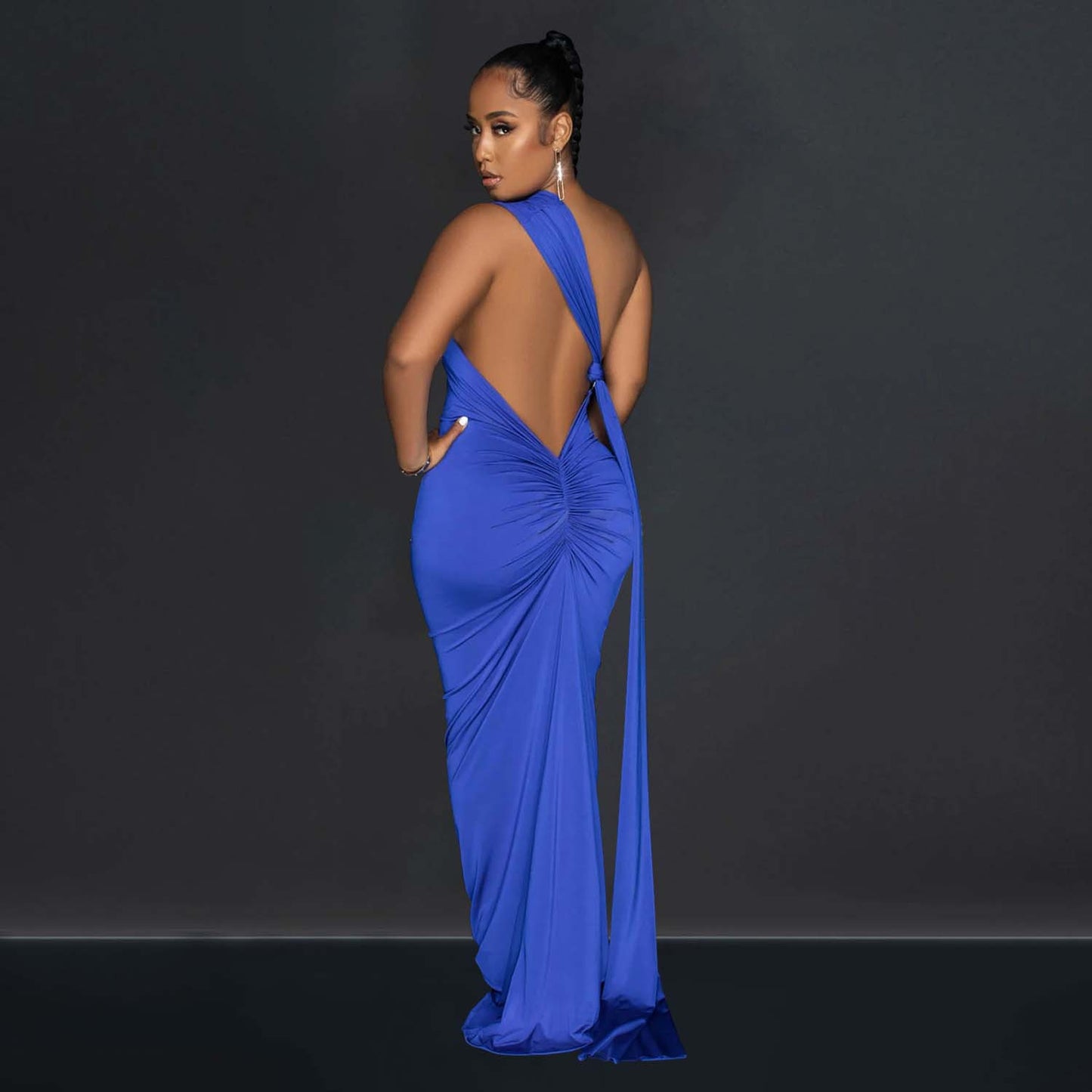 NEW S-2XL 4 Colors Women One Shoulder Sleeveless Roll Splicing Ruched Backless Maxi Dress Vestidos Sexy Clubwear Party Evening Dresses