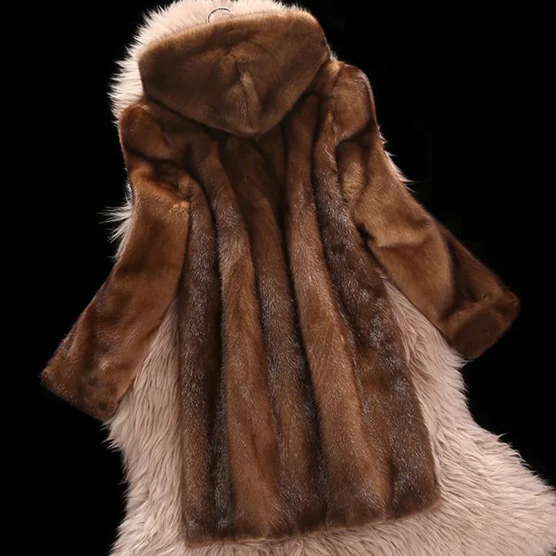 S-9XL Plus Size Hooded Long Faux Fur Coat Women Autumn Winter Large Jacket Overcoat Turn Down Collar Thick Coat Warm Jackets Maxi Coats