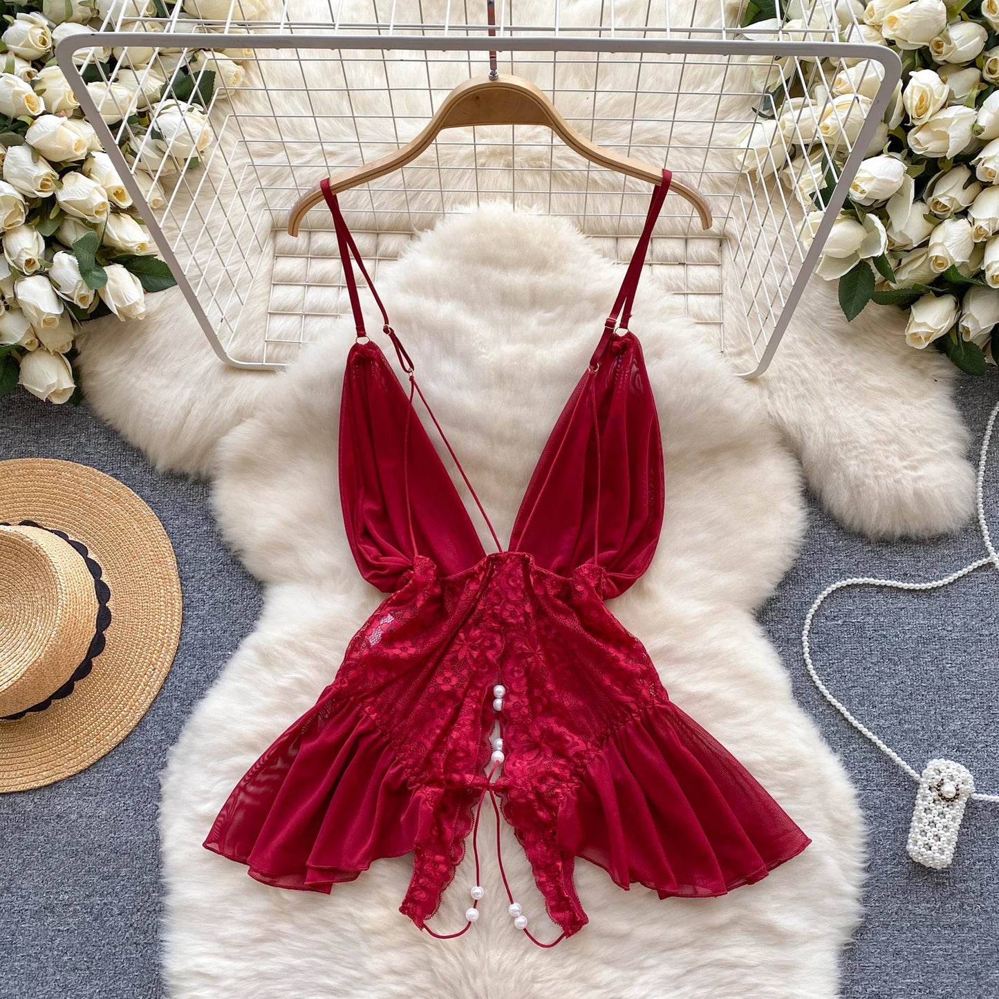 NEW Arrivals Black/Red Beaded Lace Strappy Rompers Jumpsuit Lingerie One Piece Combination Catsuits Skinny Sexy Bodysuits V-Neck Women Solid Clothes