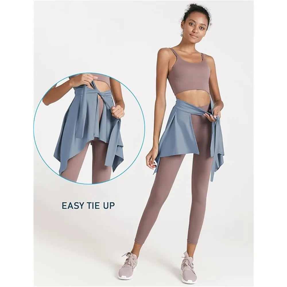 NEW Arrivals 4 Colors Women Solid Color Yoga Tennis Up Skirt Athletic Workout Running Tie Up Wrap Skirts Hip Covering Asymmetrical Scarf Female Sports Fashion Clothing Supplies