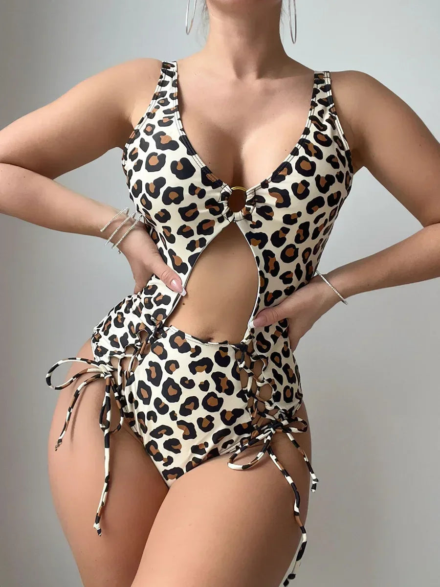 NEW Arrivals Sexy Leopard Hollow Out Lace Up Women Swimwear One Piece Swimsuit Female Monokini High Leg Cut Bather Bathing Suit Swim Ladies Bathing Wear
