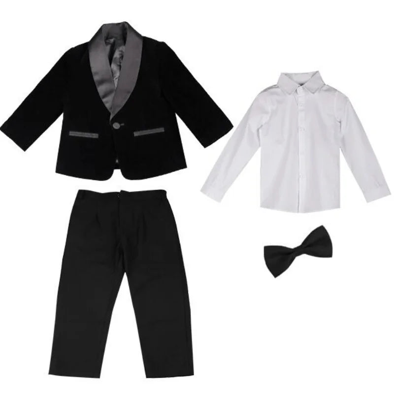 4 PCS Set Green/Black/Red Velvet Suit Luxury Fashion Baby Boy Formal Clothes Set Velvet Jacket Pant Shirt Bowtie Infant Toddler Child Blazer Jacket Baby Clothes Suit 1Y-12Y