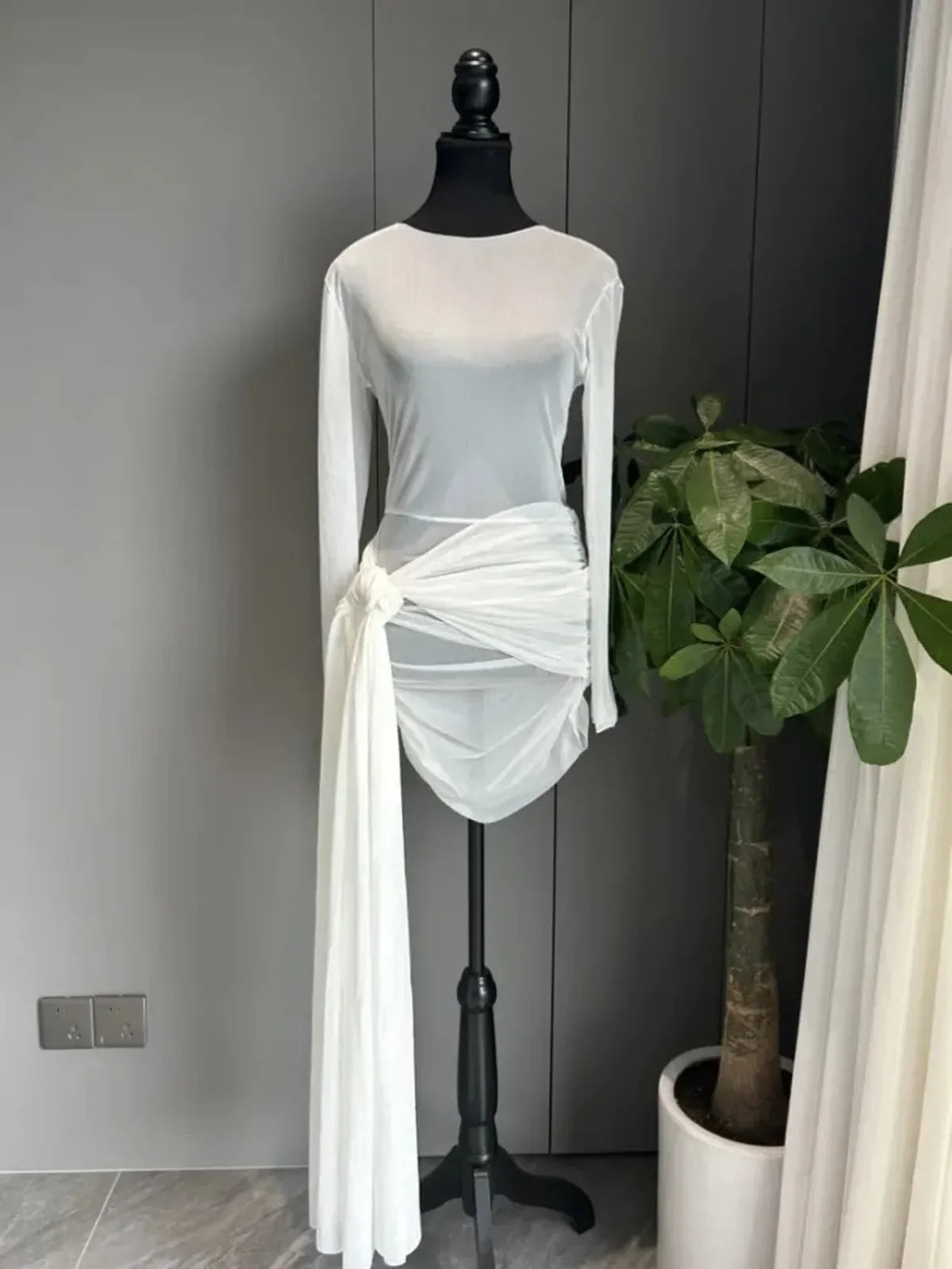 NEW Arrivals UK Size Black/White Color Cover Ups for Swimwear Women Long Sleeve Beach Dresses Round Neck Solid Women's Sheer Sexy Bathing Suit Cover Up See Through Dress