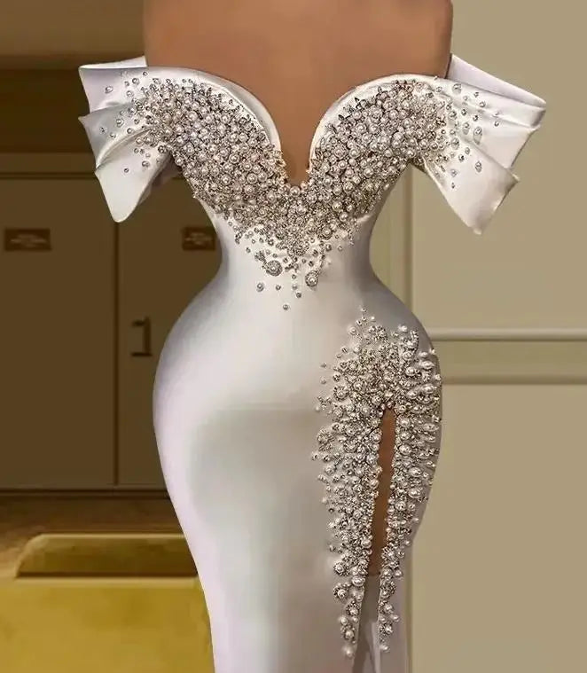Low-Price Sales are Limited NEW Luxury Sheath Short Wedding Dress Off Shoulder Crystal Pearls Satin Night Business Dinner Opera Concerts Formal Party Gowns Women Ladies Luxury Fashion Clothing Products