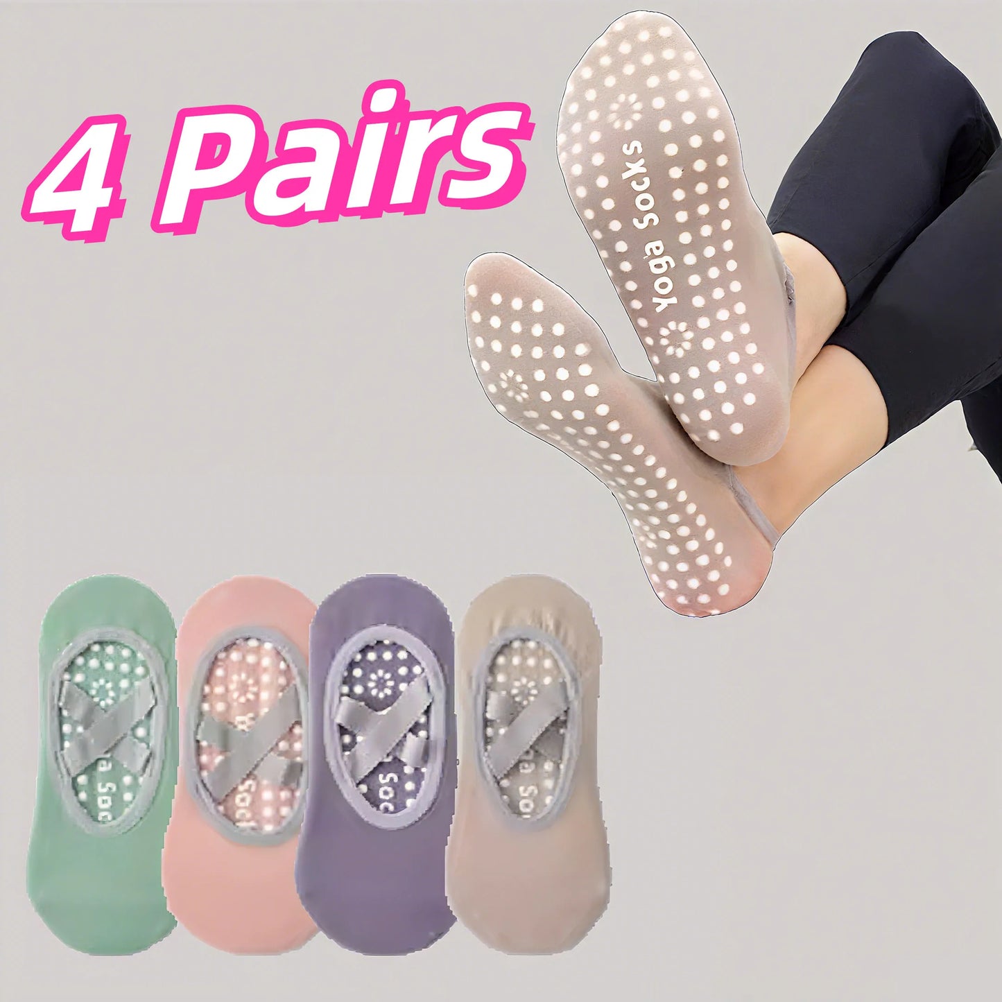 NEW Arrivals 4 Pairs Women Fitness Dancing Yoga Professional Non-Slip Silicone Non-Slip Silicone Socks Gym Home Fitness Footwear Breathable Soft Yoga Socks Ladies Sports Apparel Accessories