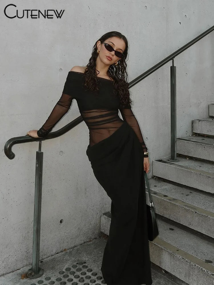 NEW Arrivals Mesh Ruched Women Maxi Dress Sexy See Through Off Shoulder Long Sleeve Sheath Midnight Clubwear Party Solid Evening Wedding Birthday Party Girls Ladies Luxury Fashion Clothing Supplies