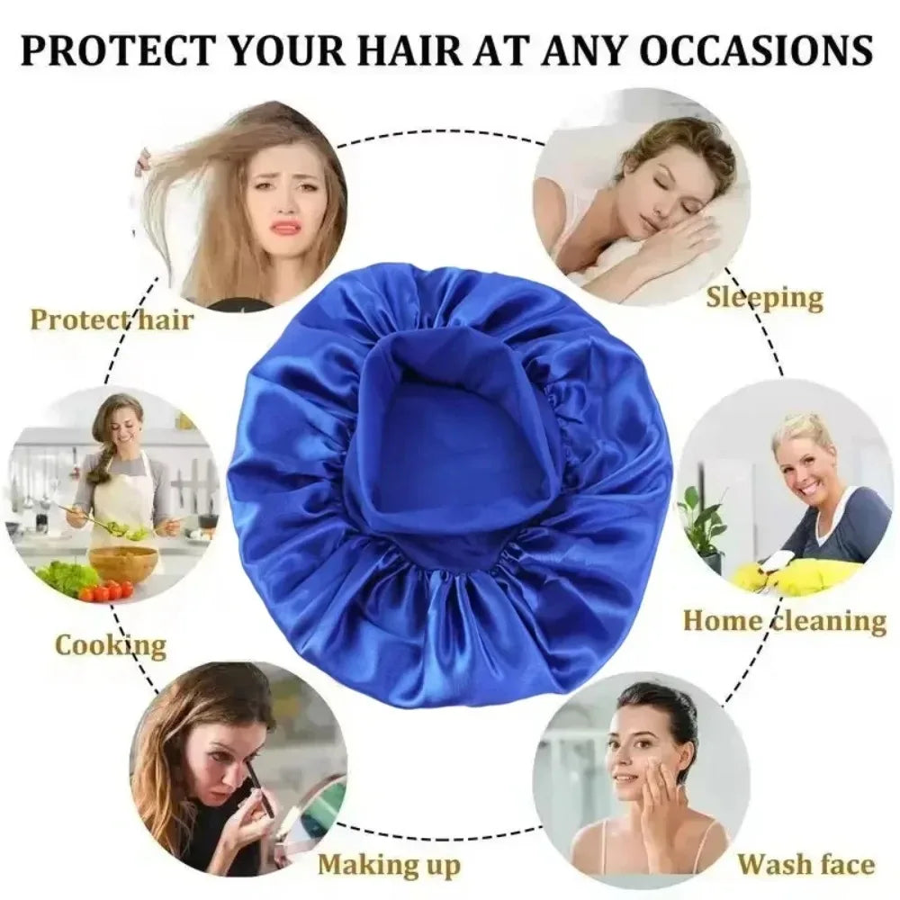 NEW Arrivals 13 Colors Soft Silk Satin Lined Bonnet Large Satin Hair Bonnet Household Sleep Shower Cap Hair Wrap Cover for Long Hair Ladies Beauty Salon Spa Tools Women Hair Care Accessories