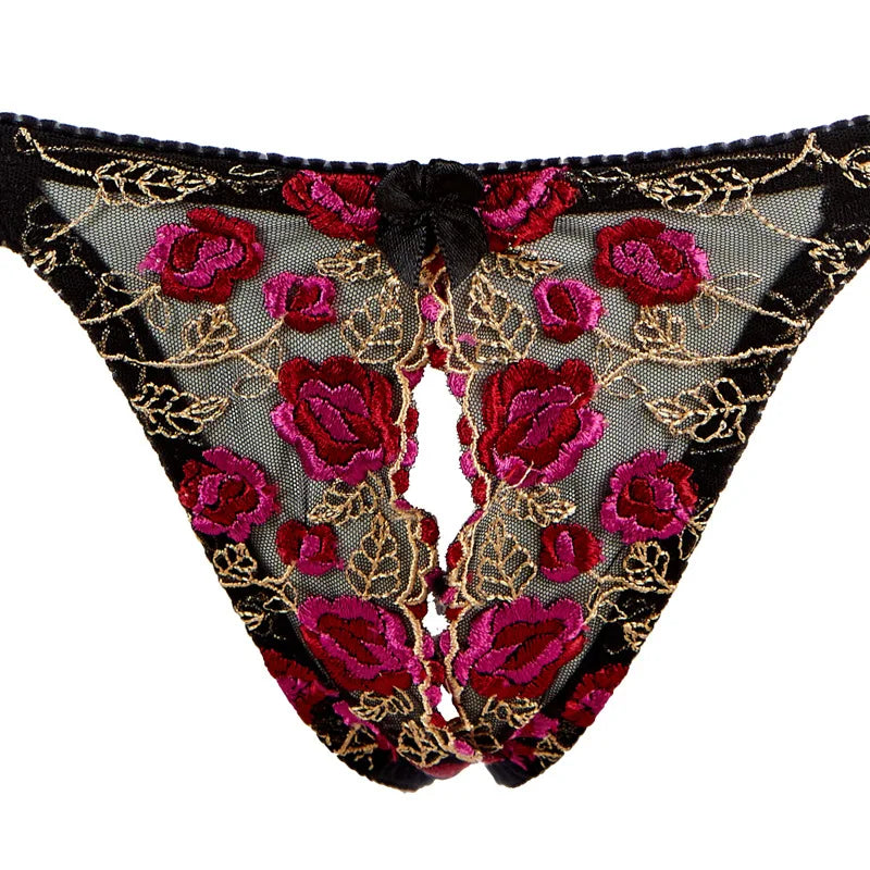 Women Sexy Underwear Exquisite Embroidery Flower Push Up Open Bra Crotch Panty Set Temptation Cupless Thong Lingerie Set