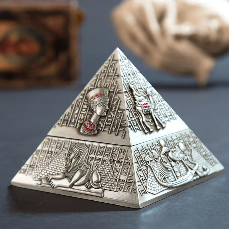 Egyptian Tutankhamun Pharaoh Bronzer Pyramid Metal Ashtray, Creative Candle Holder for Home Club Hotel KTV, European Style Decorative Sculpture