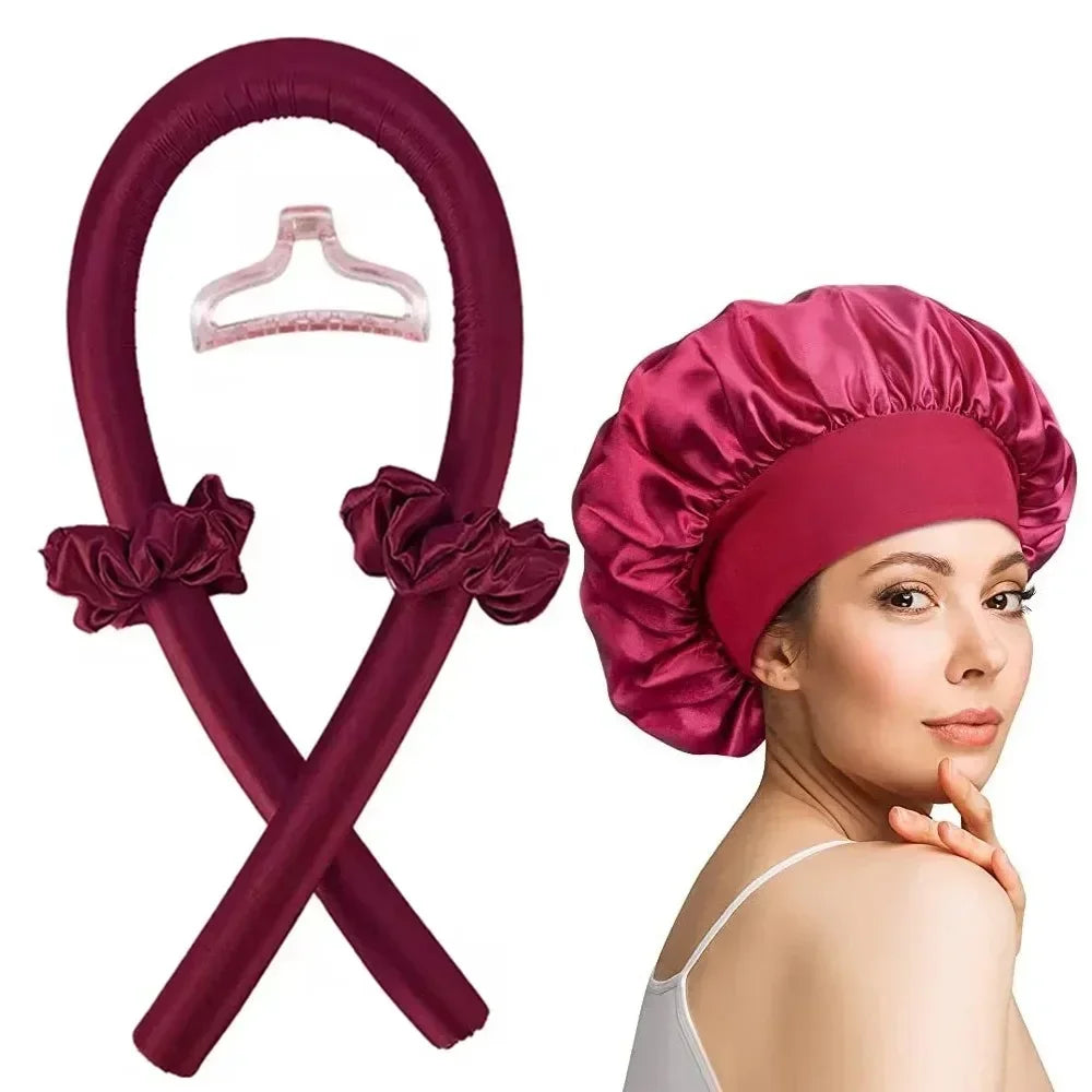 NEW Arrivals 2PCS Set Wine Red/Pink/Black Heatless Curling Rod Set Satin Nightcap for Women No Heat Hair Rollers Sleeping Soft Headband Styling Tool Lazy Curls Ladies Hair Care Accessories