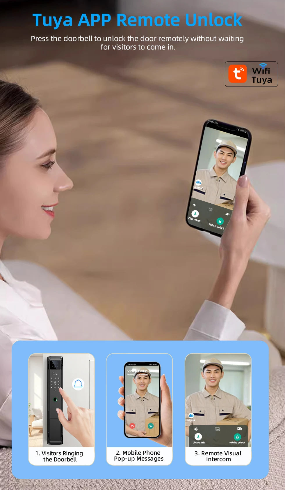 NEW Arrivals P8 TUYA App Wi-Fi Smart Lock, 21 Languages, Remote Video Call Intercom, Face-Palm IC Card Unlock, Black/Gray Anti Theft Top Quality Security System Home Apartments Office Security Supplies