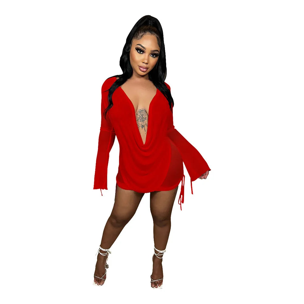 NEW Arrivals 2PCS Set S-2XL UK Plus Size 5 Colors Y2K Sexy Deep V Neck Mini Mesh Dress Women Party Outfit See Through Long Sleeve Night Club Beach Party Bodycon Dresses