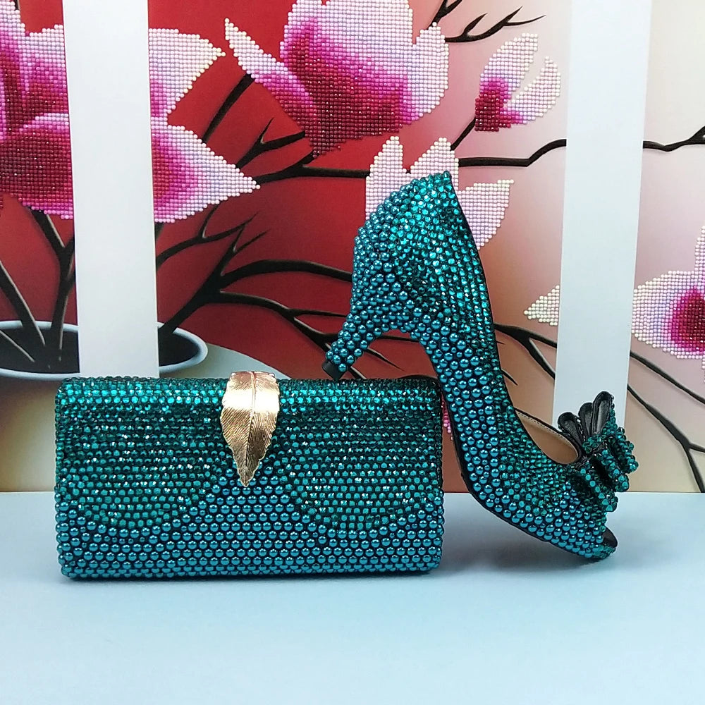 New Arrival Teal Luxury Blue Crystal Women Wedding Shoes Set with Matching Bags Peep Toe High Heels Pumps Open Toe Shoes and Purse Evening Party Night Business Dinner Apparel Accessories Ladies Luxury Fashion Clothing Suppl