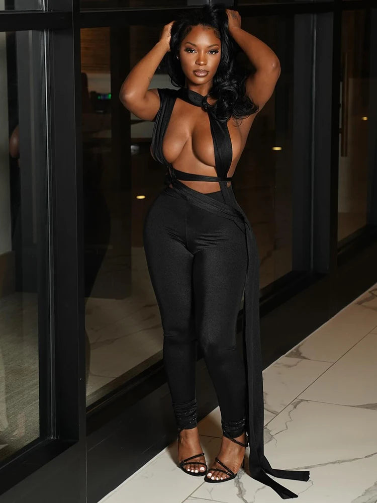NEW Arrivals White/Black/Red Color Sexy Hot Hollow Bandage Jumpsuit Women Sexy Summer Sleeveless Backless Irregular Ribbon Midnight Clubwear Workout Overalls