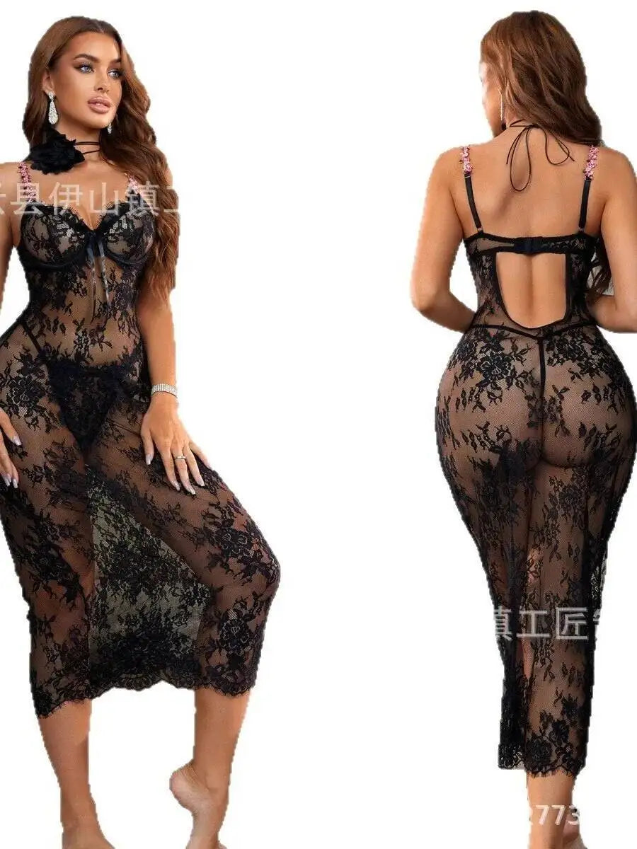 New 4 Colors Sexy Lace Mesh Flower Embroidery Backless Deep V Suspenders Sleeveless Long Dress Women's Thin Pure Desire Casual Style GUT0
