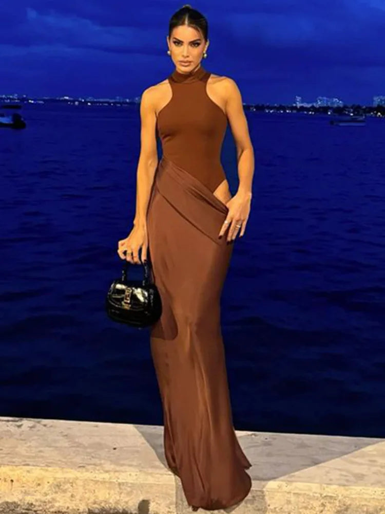 Low-Price Sales are Limited NEW Luxury Satin Sexy Hollow Out Women Maxi Dress Black Sleeveless High Waist Dress Female Autumn Skinny Elegant Evening Wedding Party Night Clubwear Business Dinner Outfits Ladies Luxury Fashion C