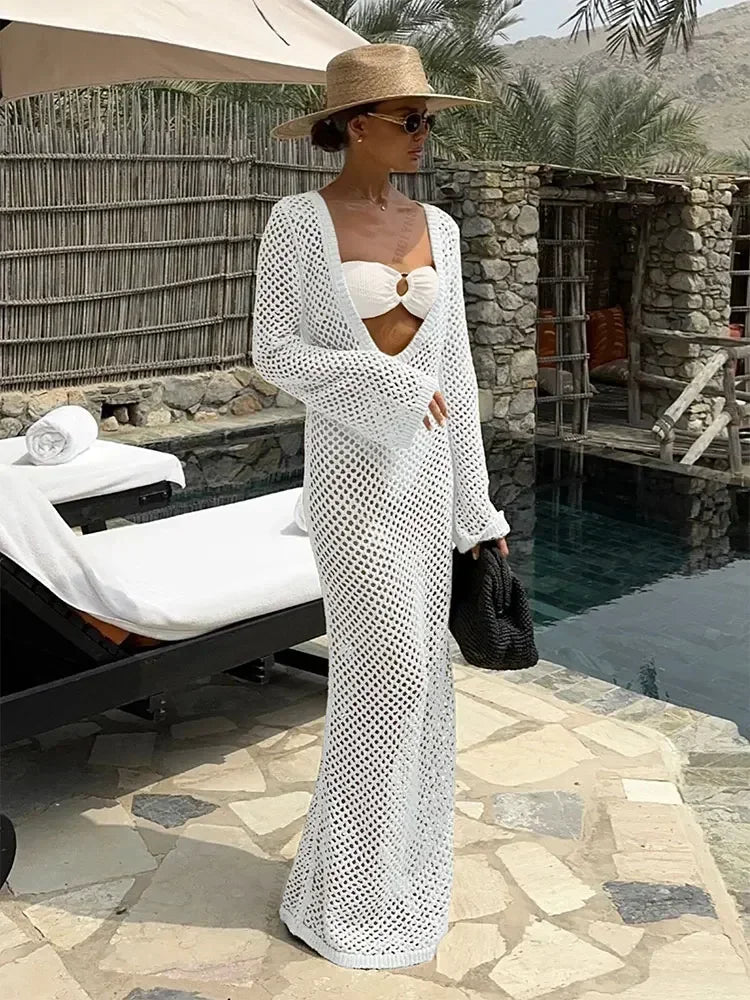 NEW Arrivals UK Size 7 Colors Sexy U-Neck Bell Sleeve Knit Handmade Maxi Dress Summer Women Swimwear Feminine Bikinis Cover-Ups Holiday Crochet Beach Ladies Outfit K21