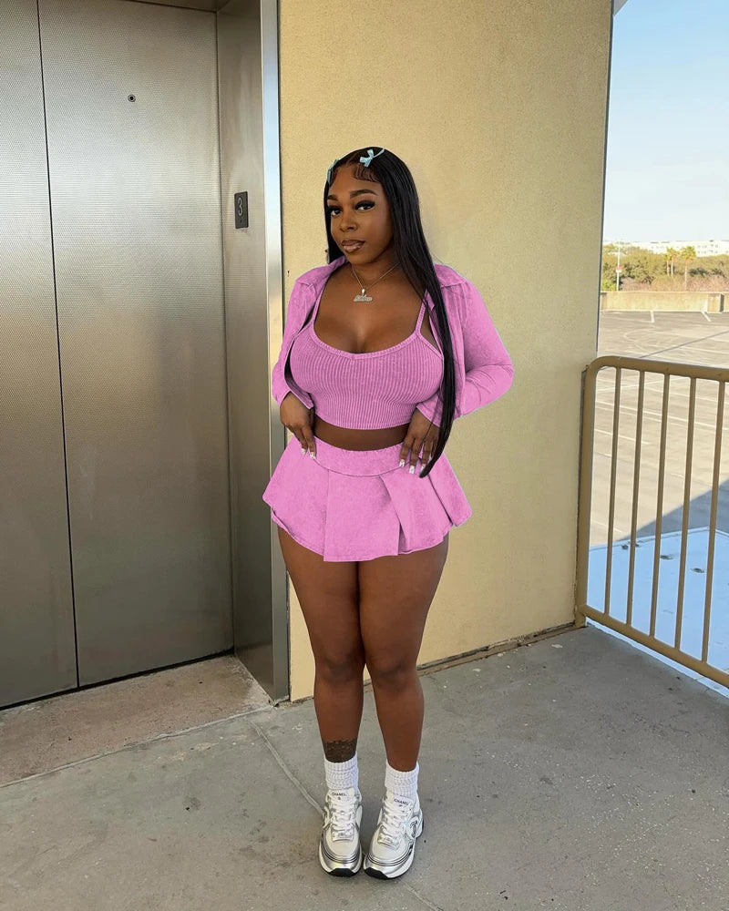NEW Arrivals 3PCS Set S-2XL Size Black/Sky Blue/Orange/Pink Color Spring Summer Women Sexy Clothing Street Club Hot Outfits Sexy Skirts Evening Beach Rave Party Night Club Pleated Mini Skirt Set