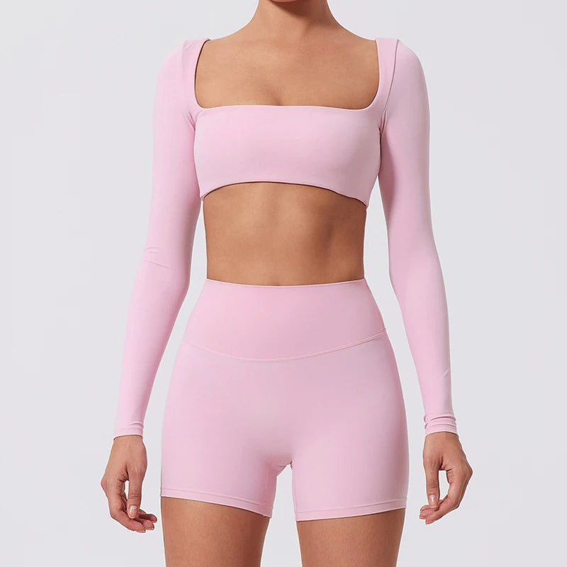 NEW Arrivals S-XL 7 Colors Quick Dry Square Neck Activewear Women Gym Top Women Fitness Sports Crop Top Female Casual Long Sleeve Yoga Clothes