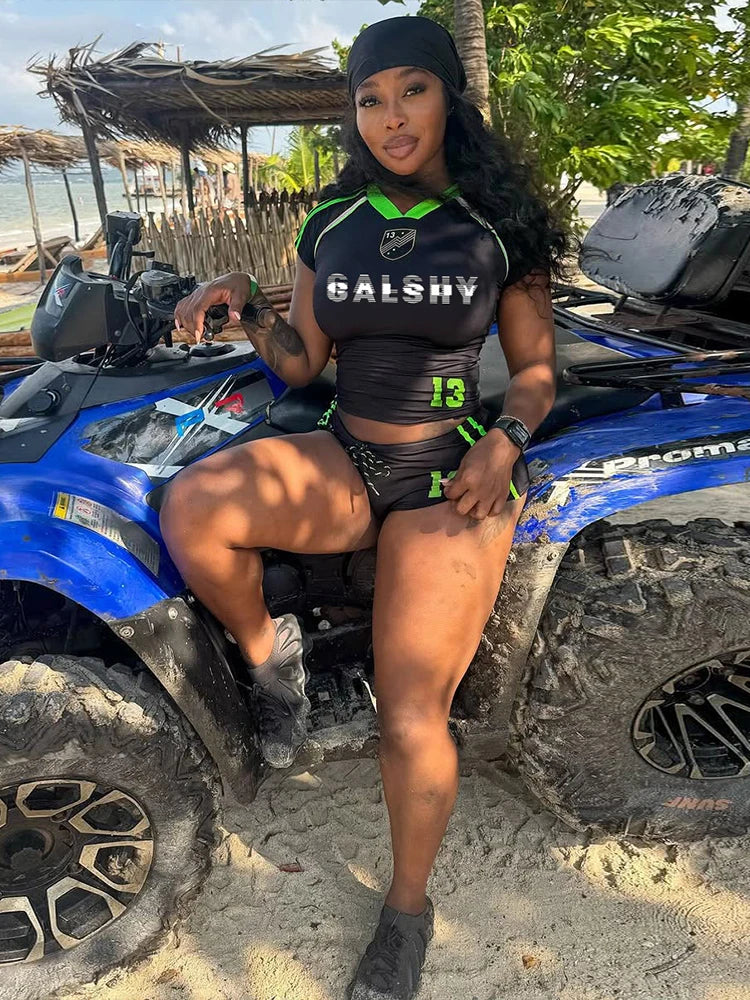 NEW 2PCS Set Black/Pink Color Women Hottie Sexy Summer Casual Tracksuits Short Sleeve O-Neck Tees +Drawstring Shorts Mujer Sporty Streetwear