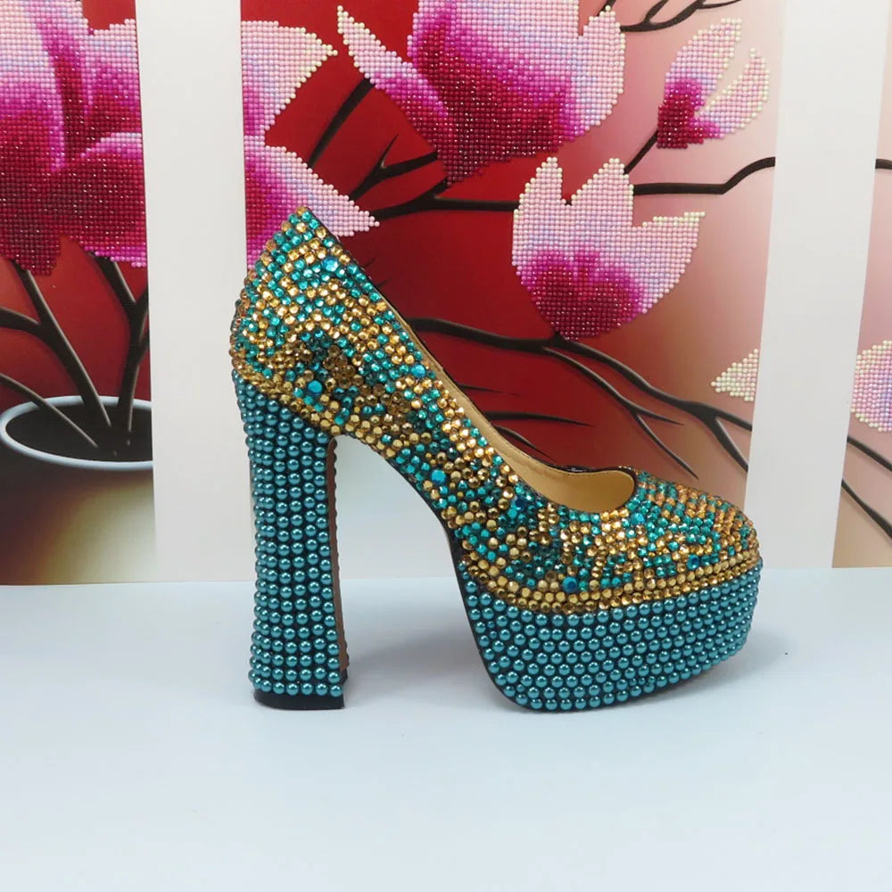 NEW Arrivals Luxury Italian Fashion Teal Blue 5 Colors Wedding Shoes and Bag Set Woman 14CM High Pumps Thick High Heel Evening Party Shoes Matching Bag Round Toe Pumps Ladies Luxury Fashion Clothing Supplies