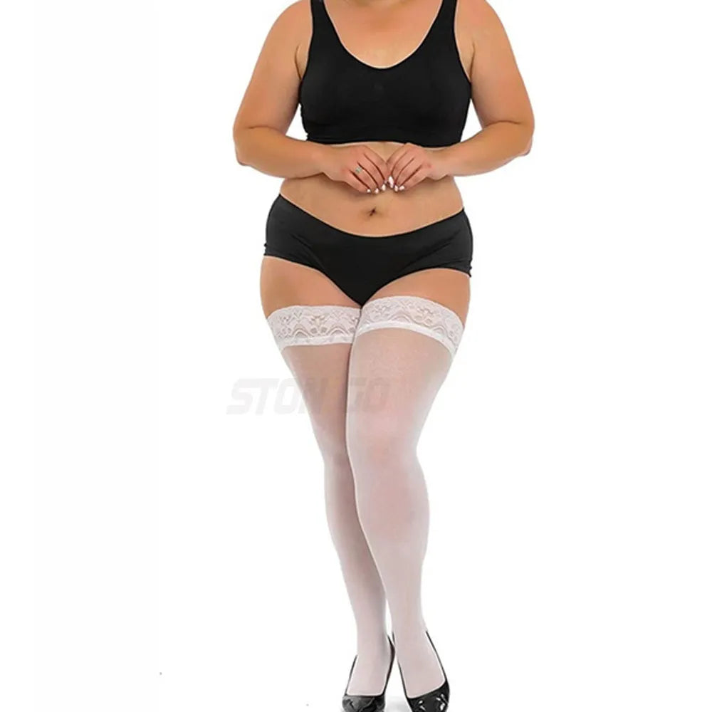 Plus Big Size Woman's Ultra-thin Lace Stockings Thigh High Stockings Silicone Lace Top Stay Up Silk Lace Socks