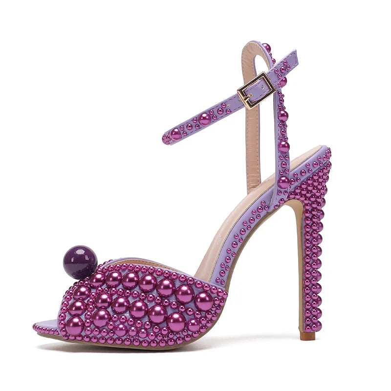 Women Sandals Fashion High Quality Wedding Shoes Women New Pearls Studs Luxury Peep Toe High Heels Buckle Woman Sandal