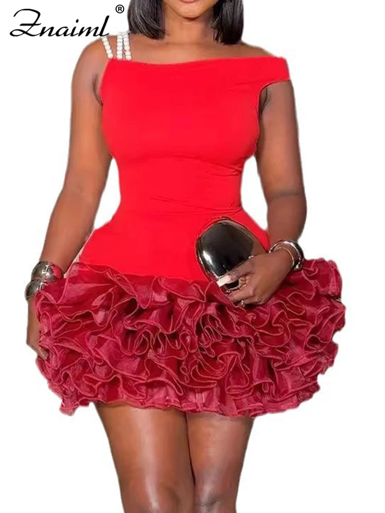 NEW Arrivals S(8)-3XL(20-22) UK PLUS Size Pink/Blue/White/Red Luxury Chubby Women Blue Stretchy Mini Dresses With Pearls Ruffles Trimmed Bottom Sexy Sheath Short Wedding Guest Evening Birthday Party Gowns