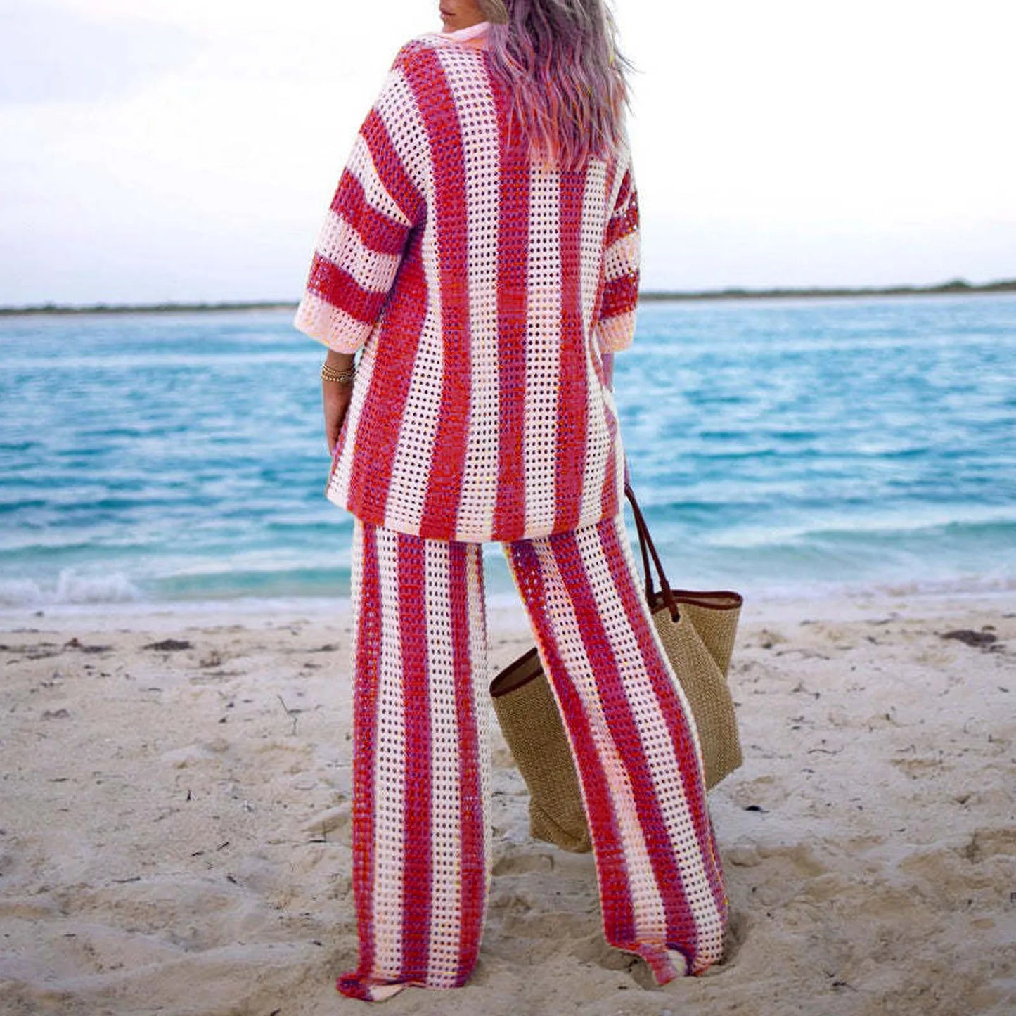 NEW Arrivals 2PCS Set UK Big Size Rose Red/Brown/Dark Blue Summer Beach Casual Women Suit Sexy Spring Summer Hollow Out V-Neck Half Sleeves Wide Leg Pants Sets Stripe Shirts Pant Sets