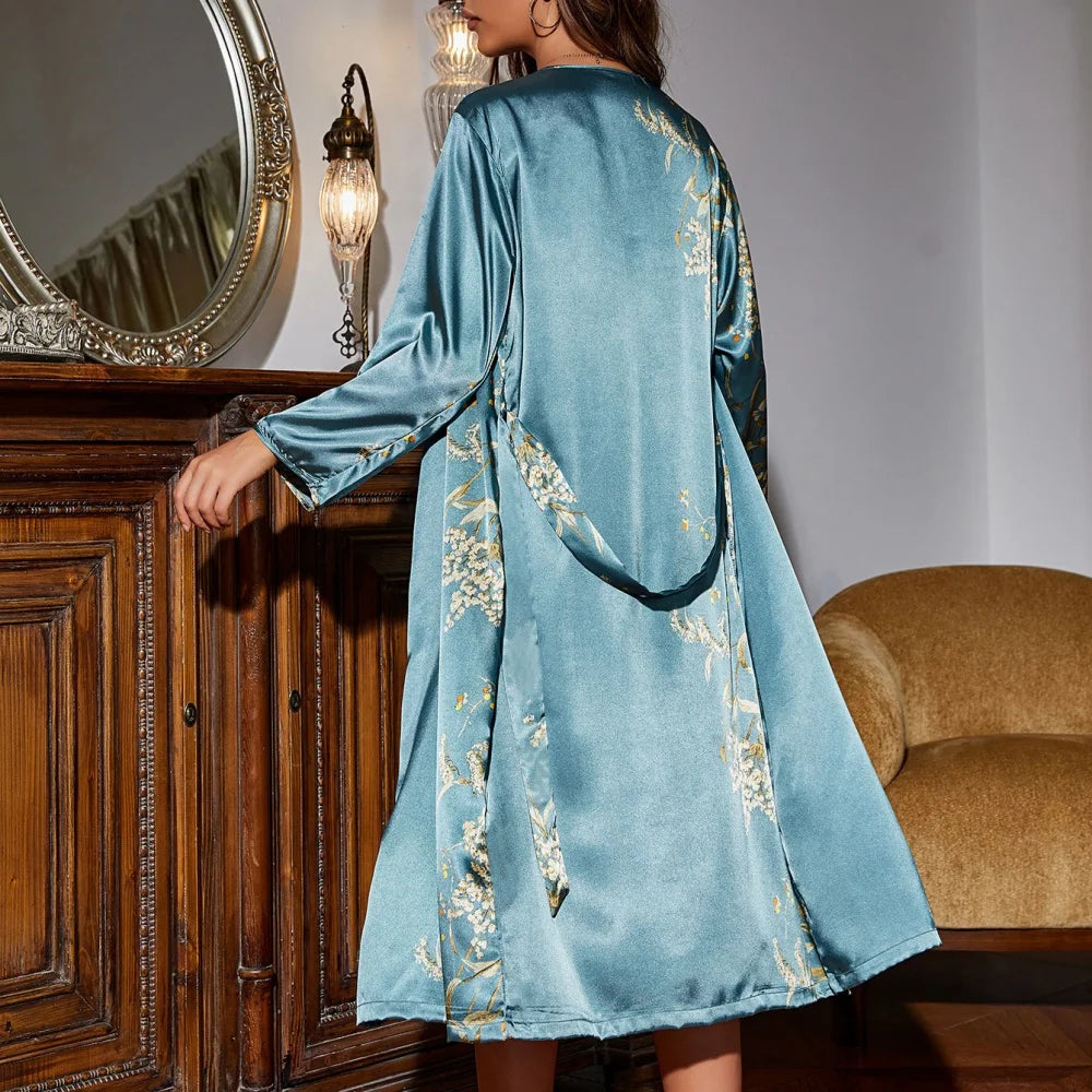 2PCS Luxury Set Women Four Seasons Sleepwear Nightgowns Pajamas With Suspenders Girls Nightdress Long Sleeve Night Robe Sexy Loungewear V-Neck Lace Up Ladies Luxury Lingerie Underwear Fashion Clothing Products