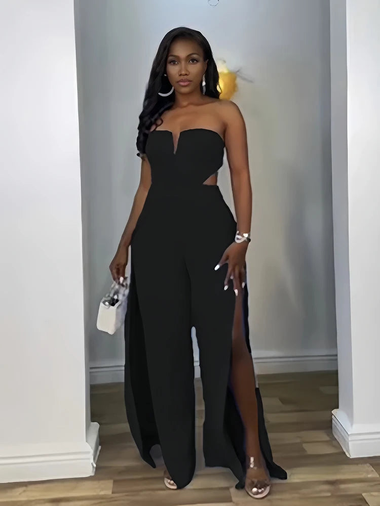 NEW Woman Summer Strapless Blue Jumpsuit with Trousers Solid Color Sexy Backless Jumpsuit Cut Out Waist Ladies Jumpsuit Side Slit