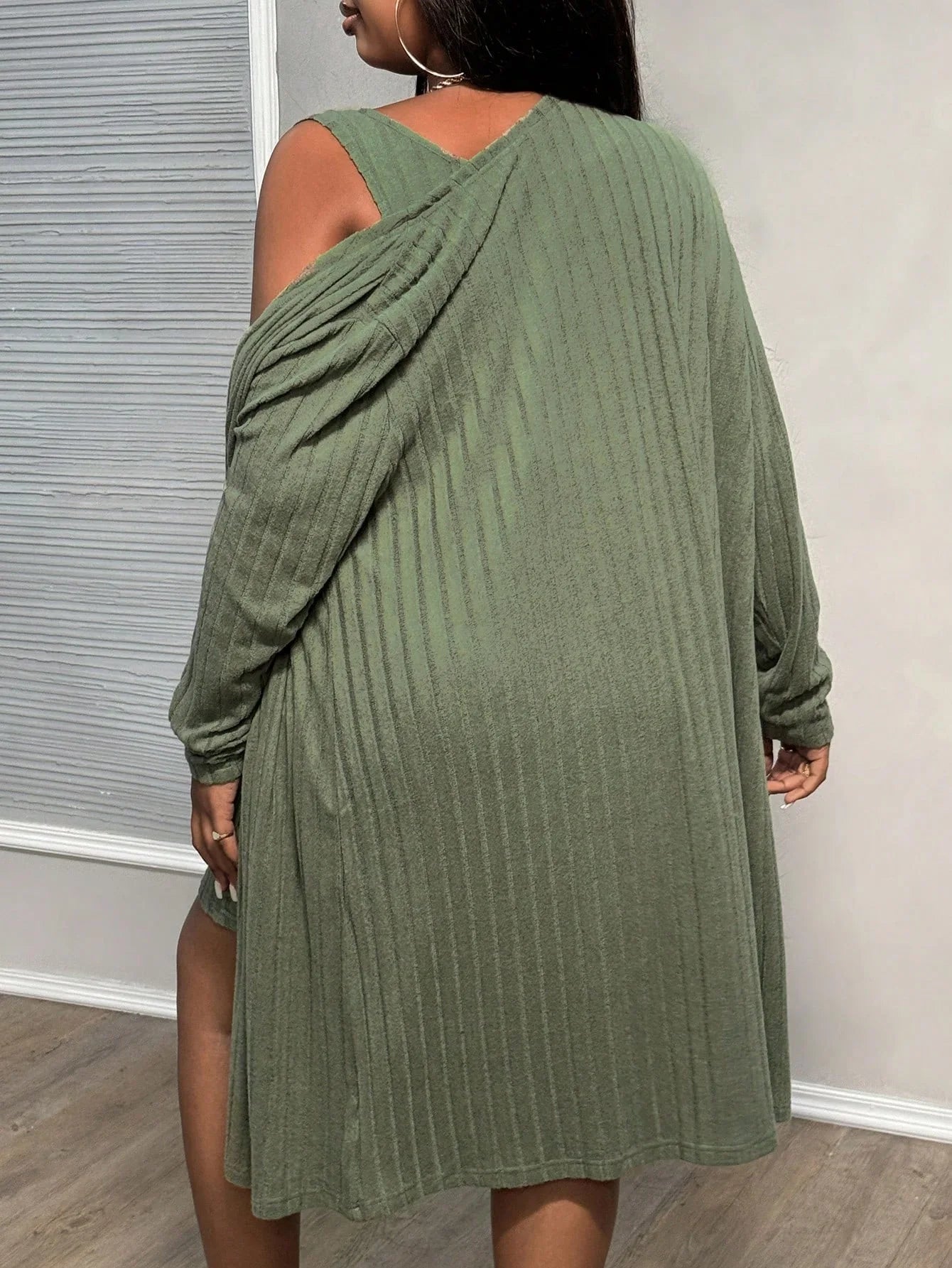 NEW Arrivals 2PCS Set XL-3XL Plus Size Ribbed Chubby Women Elegant Solid Mini Dress Female Casual Long Coat Spring Autumn Evening Party Matching Set
