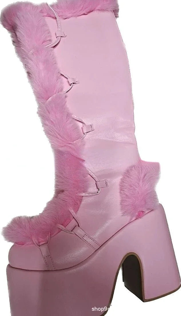 New Arrivals Winter Women Snow Boots Platform Wedge High Heel Rabbit Fur Lady Shoes Female Plush Warm Non-Slip Mid Calf Boots Goth Shoes Girls Footwear Supplies