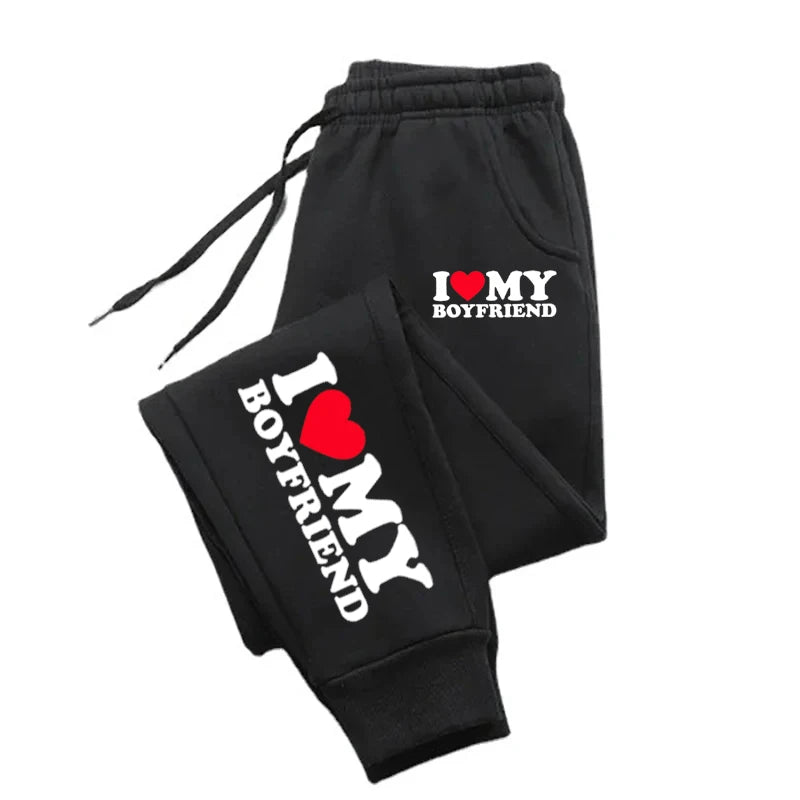 NEW Arrivals S-3XL UK Plus Size Autumn Woman Man Couple Sweatpants *I Love My Boyfriend* Tracksuit Loose Casual Warm Pants Pocket Drawstring Sportswear