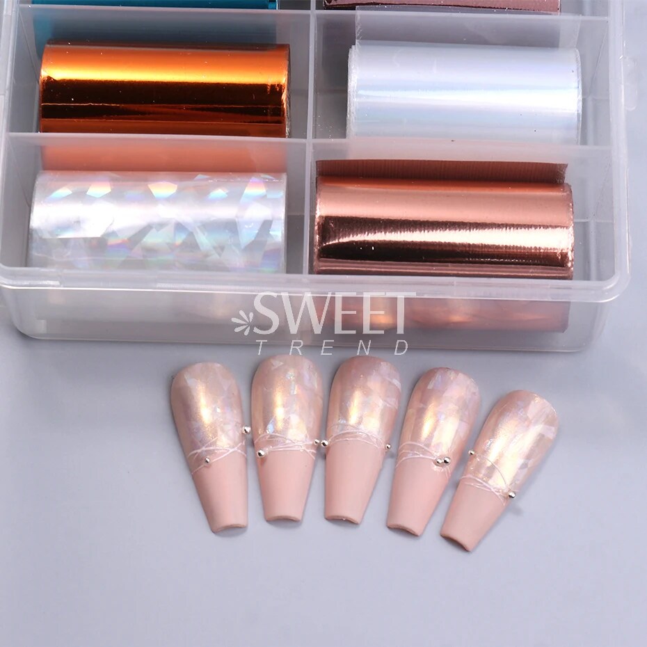 10 Roll/Box Metallic Mirror Nail Foils Holographic Gold Silver Champagne Transfer Stickers DIY Charm Starry Paper Manicure Decor