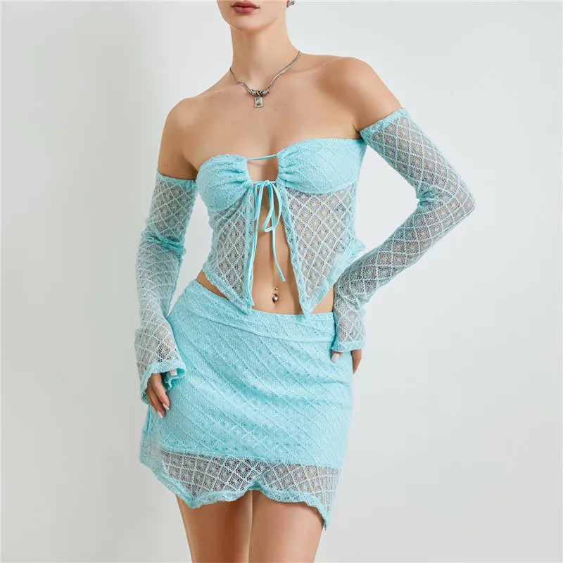 NEW Arrivals 2PCS Set White/Black/Blue Color Women Sexy Crochet Knit Skirt Hollow Out Knitted Cami High Waist Bodycon Mini Skirt Outfits Spring Summer Evening Beach Party Night Club Outfit