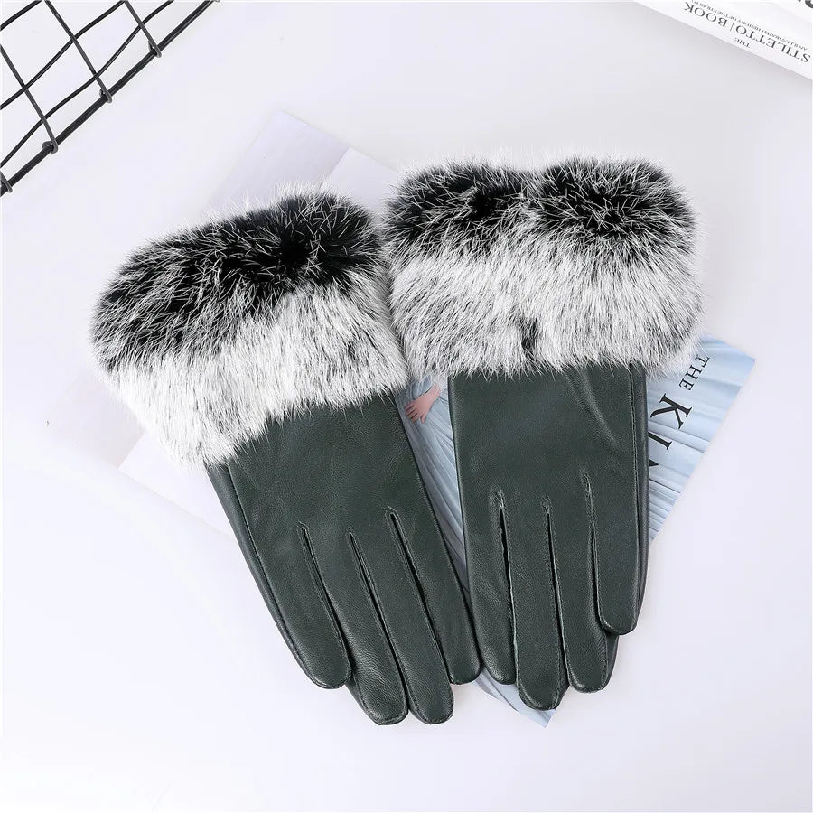 New Arrivals Women's Luxury Real Sheepskin Leather Gloves With Real Natural Rabbit Fur Cuffs Female Formal Evening Party Business Dinner Warm Gloves Fleece Lining Touch Screen Gloves Ladies Luxury Fashion Apparel Accessories