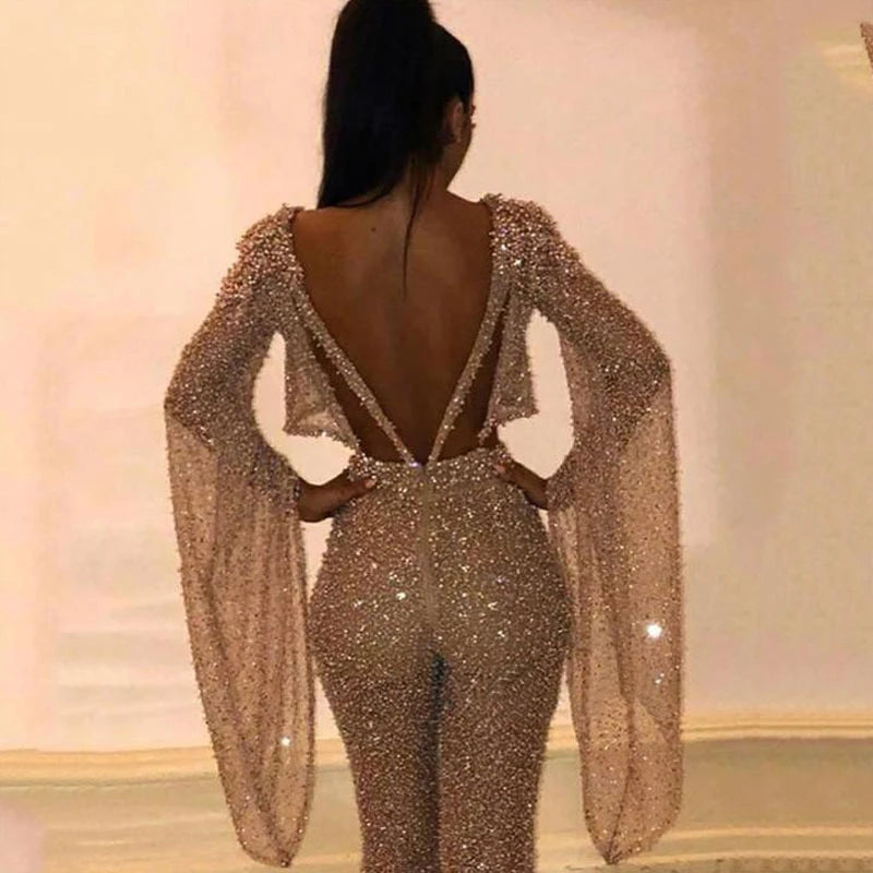 NEW Arrivals S-2XL Sexy Backless Hollow Bandage Golden Jumpsuit Women Spring O-Neck Flare Sleeve Straight Playsuit Fall Sequin Shiny Summer Beach Party Romper Ladies Luxury Overalls