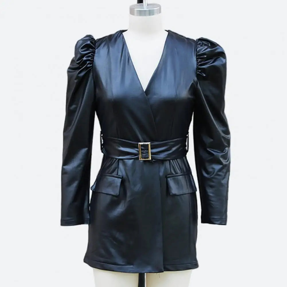 NEW Arrivals S-XL 4 Colors Summer Women Dress Smooth Faux Leather V Neck Long Bubble Sleeves Belted Waist Lady Dress Slim Fit Solid Color Mini Dress Ladies Luxury Fashion Clothing Supplies
