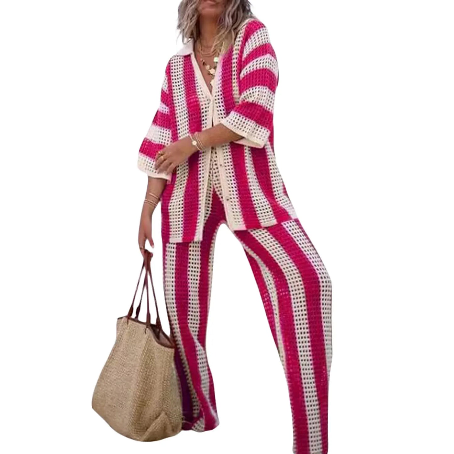 NEW Arrivals 2PCS Set UK Big Size Rose Red/Brown/Dark Blue Summer Beach Casual Women Suit Sexy Spring Summer Hollow Out V-Neck Half Sleeves Wide Leg Pants Sets Stripe Shirts Pant Sets