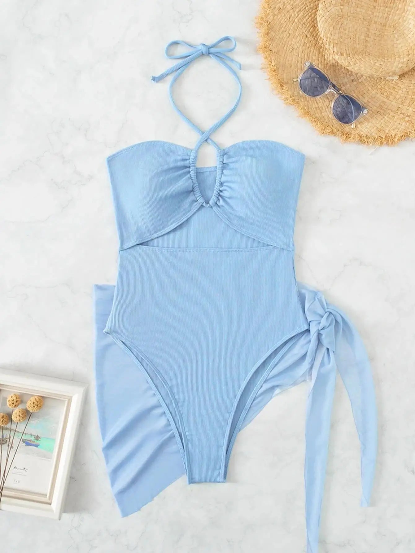 Cikini-Women's Cut-out Halter Swimsuit with Beach Skirt, Sexy Swimwear, Monochromatic Summer Bathing Suit, 1 Piece