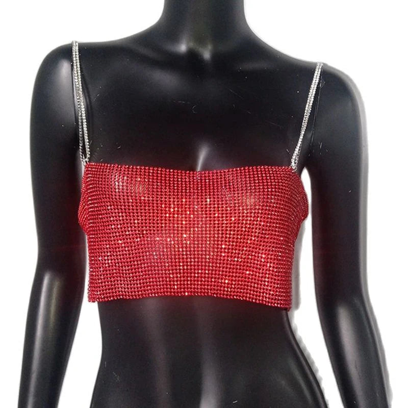 NEW 7 Colors Festival Queen Sequin Shiny Crystal Chain Luxury Tank Top Glitter Metal Mesh Halter Metallic Strap Crop Tops Festival Party Sexy Women Tops