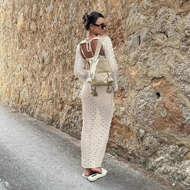 NEW Arrivals 3 Colors Crochet Maxi Dress Women Sexy Long Sleeve Hollow Out Backless Bikini Cover Ups for Swimwear Summer Holiday Bathing Suits