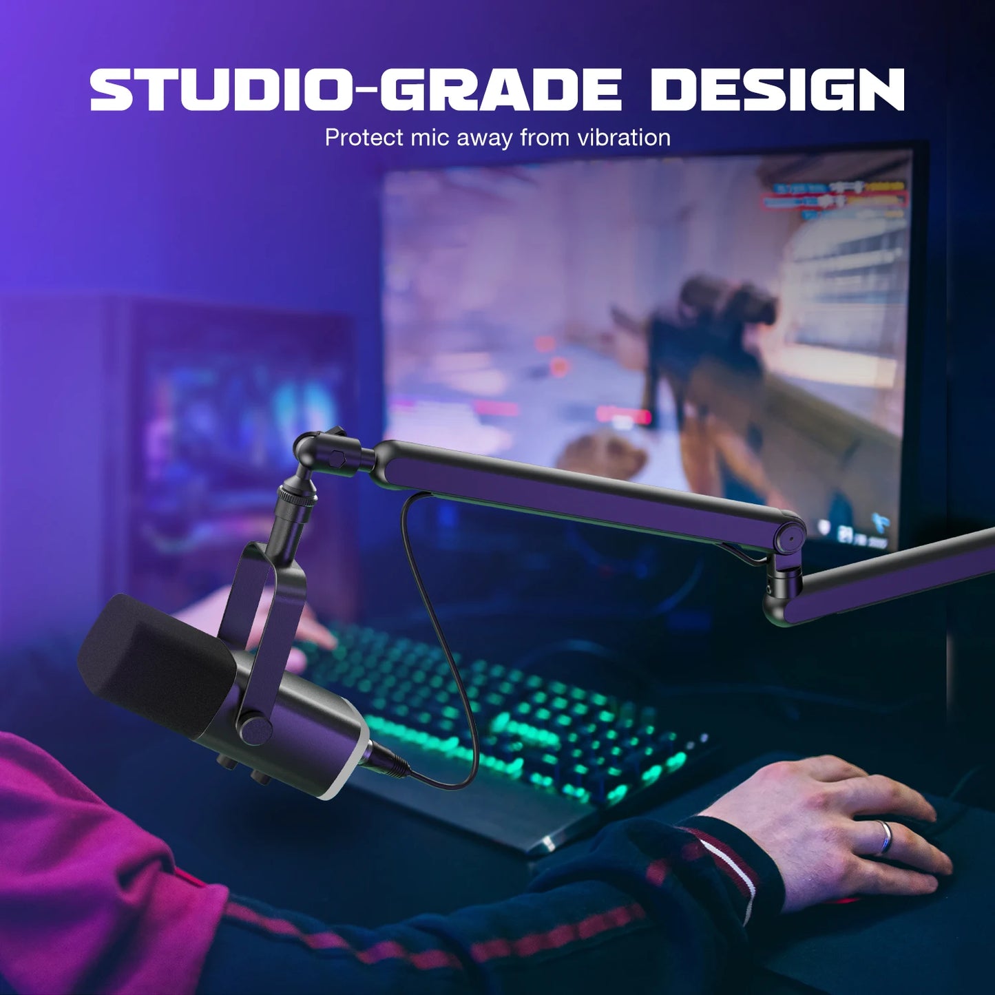 Adjustable Low-profile Arm Microphone Stand with Cable Management/Desk Mount, Suspension Boom for K688 Ampligame AM8-BM88