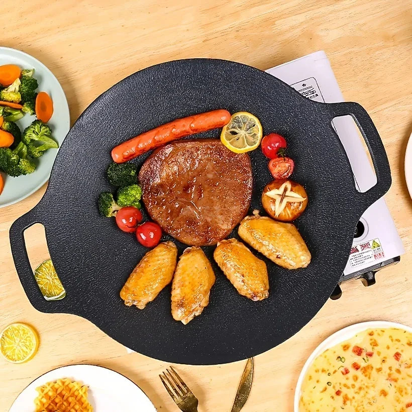 NEW Arrivals 32cm Non-Stick Roasting Pan Cast Iron Double Handled Crepe Stake Pan Round Griddle Grill Pan for Camping BBQ Round BBQ Griddle with Handle Kitchen Cooking Accessories Home Supplies