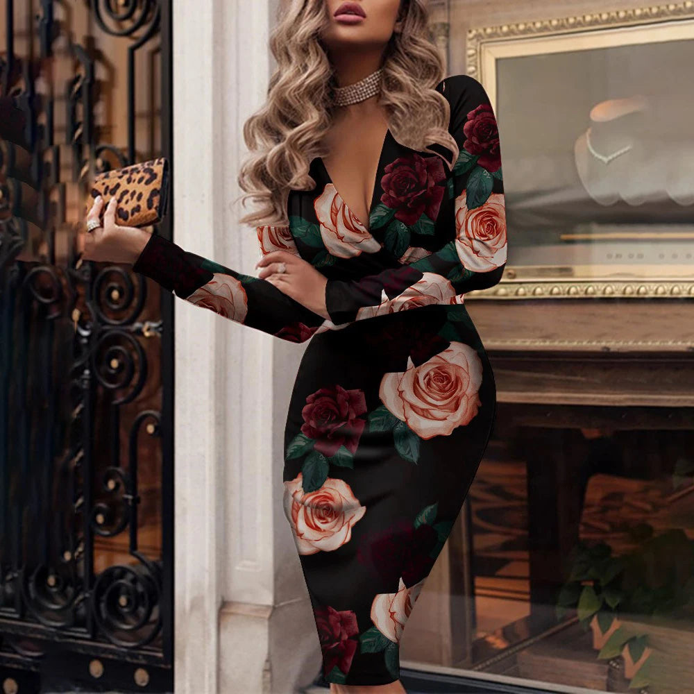 NEW Arrivals 10 Colors/Patterns S-2XL Luxury Spring Autumn Formal Chiffon Bodycon Italian Dress Sexy Long Sleeve Deep V-Pleated Sequins Bag Hip Midi Dress Elegant Office Lady Pencil Evening Dress
