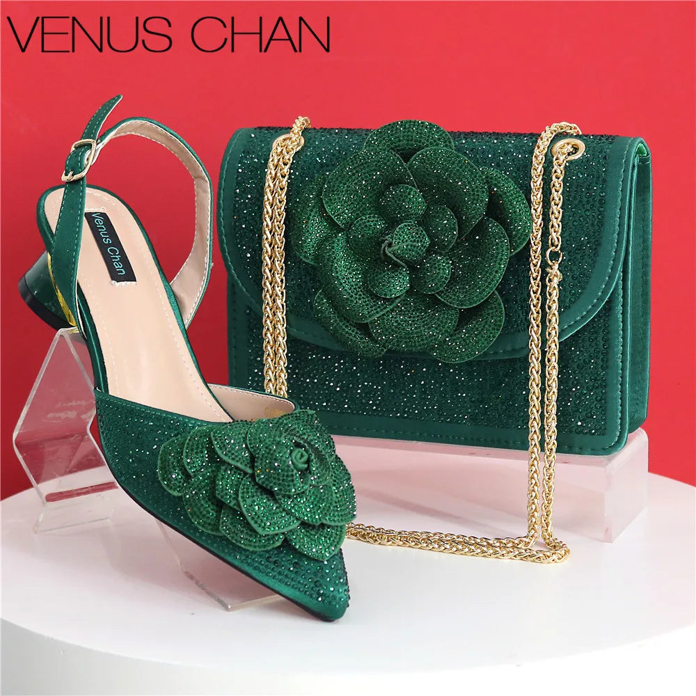 Italian Design Handmade Silver/Green Peach Color Elegant Lady Shoes And Bag Set with Rhinestones Embellished Pearls-knot Wear-Resistant And Comfortable Heel Evening Wedding Party Shoes Ladies Luxury Fashion Clothing Supplies