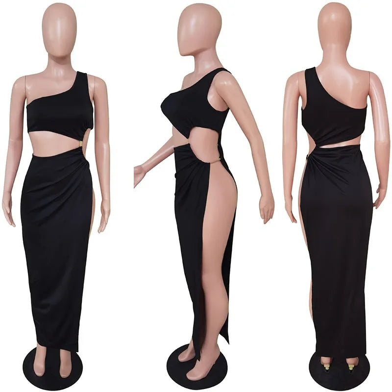 NEW Arrivals S-2XL Sexy Metal Ring Hollow Out Long Evening Beach Party Dresses Women Clothing One Shoulder Skew Collar High Split Night Club Maxi Dress