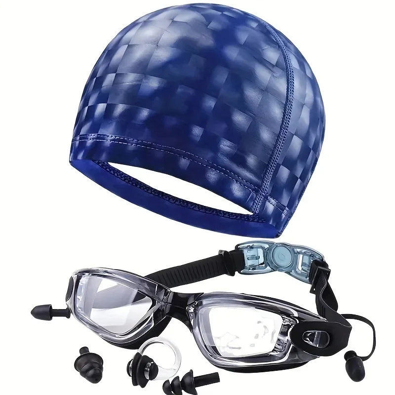 NEW Arrivals 4 PCS Set 3 Colors Professional Waterproof Anti-Fog Silicone Swimming High Definition Goggles Set with Nose Clip Earplugs And PU Cap for Swimming And Diving Sports Supplies